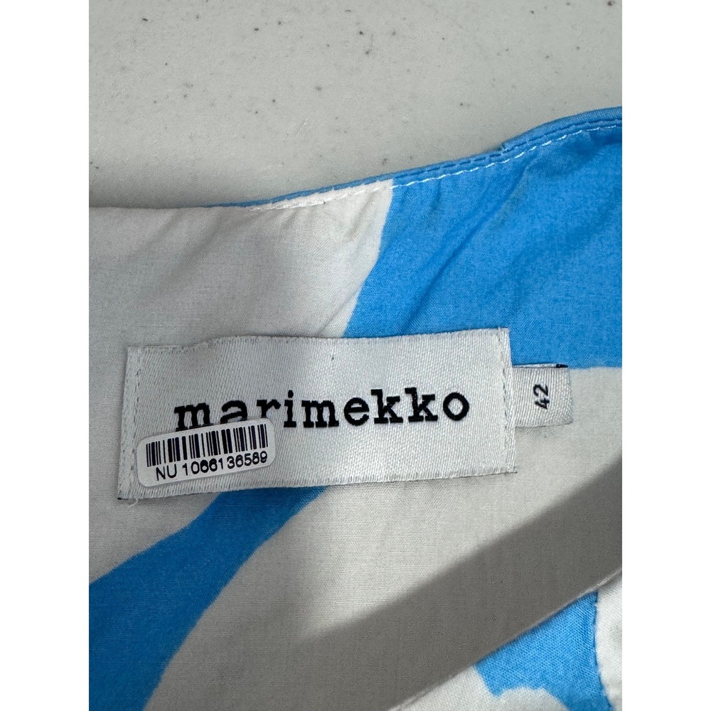 Marimekko Blue Unikko Dress Floral Puff Sleeve Belted Size 42 (US 12) Large - Picture 6 of 9